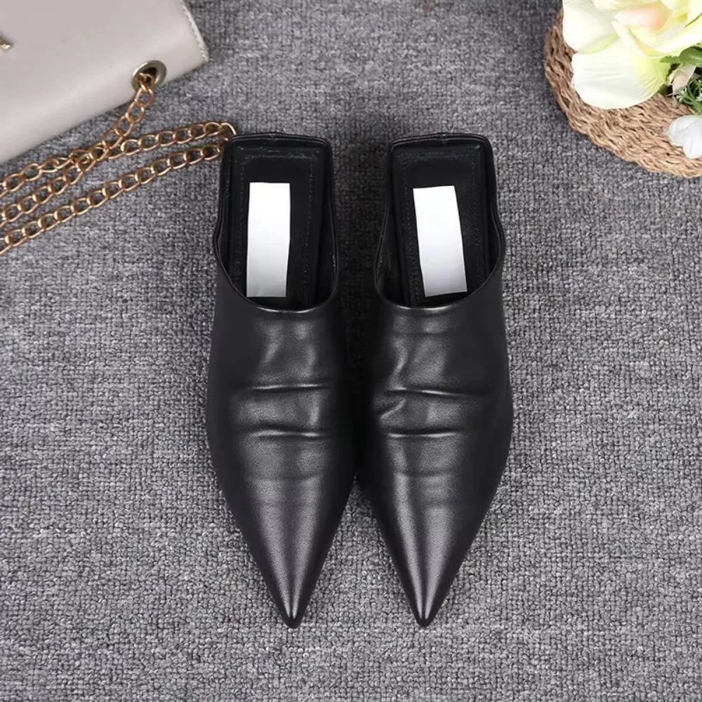 European style 2025 summer new leather pointed toe ladies stiletto semi-drag high heels Baotou fashionable  slippers women