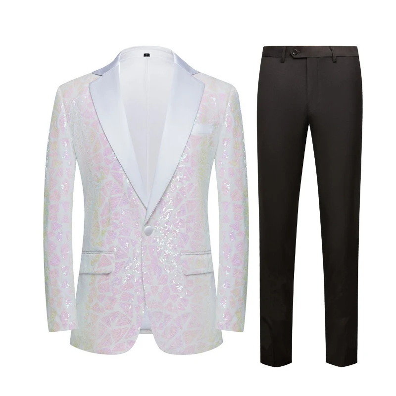 

Men Two Piece Suit Sets Straight Pants Sequins Turn Down Collar Full Sleeve Blazers Ensemble Wedding Evening Stage 2026 Spring