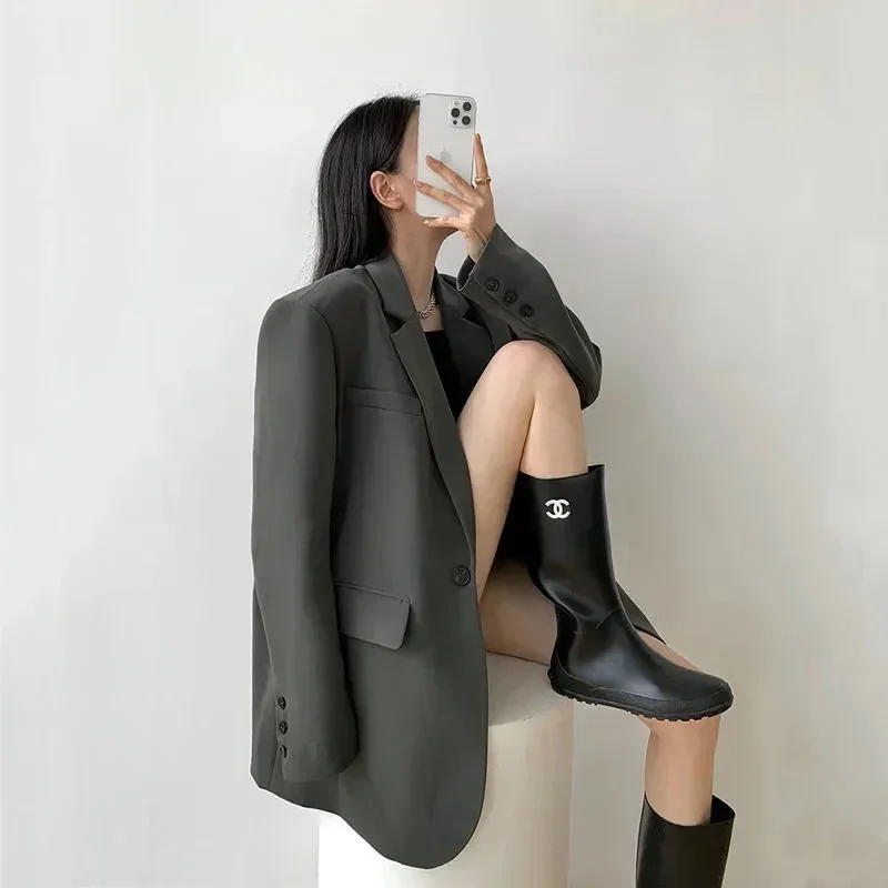 Korean Black Suit Jacket Women Loose Straight Long Sleeve Spring Fall  Fashion Outwear Basic Simple Office Lady High Street Coat