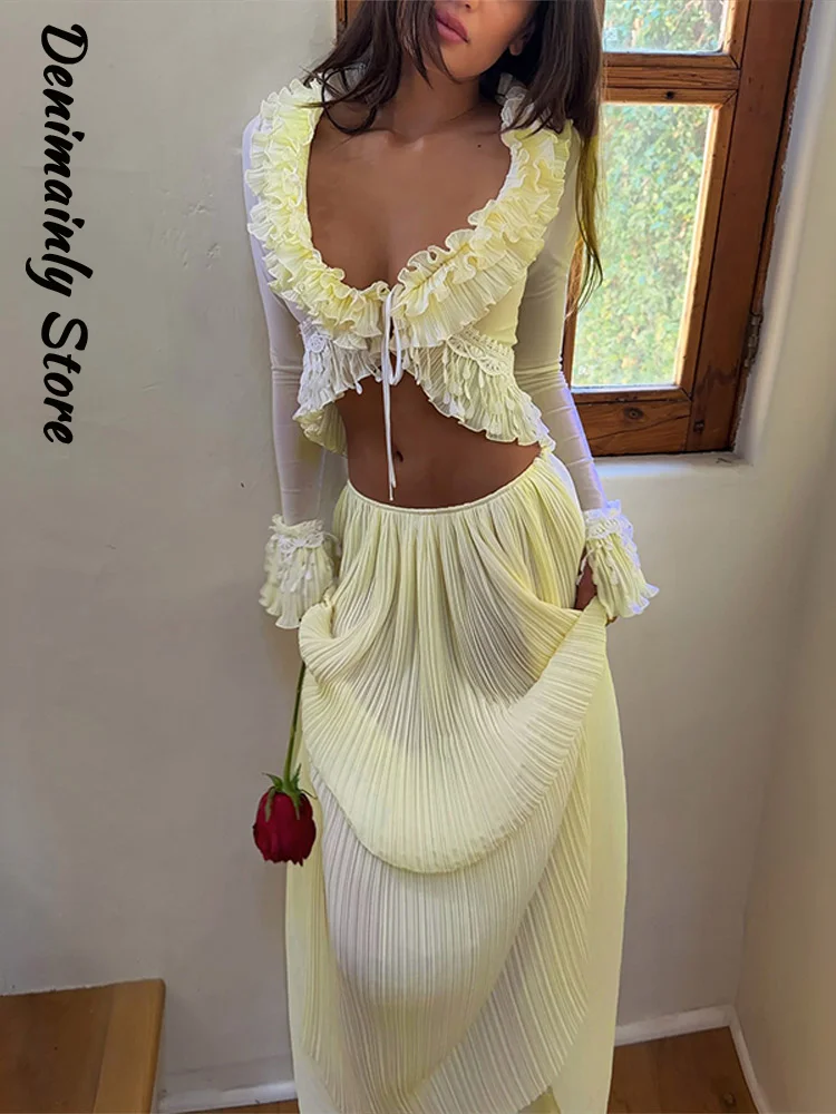 Sexy Women's Lace Patchwork Skirt Set Slim Tie Up V-neck Long Sleeve See Through Short Tops Long Skirts 2026 Lady Beach Suit New