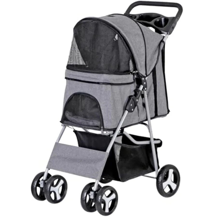 

Pet Stroller for Small Medium Dogs Cats Carrier Jogger Travel Foldable Puppy with Storage Basket Cup Holder Grey 4 Wheels