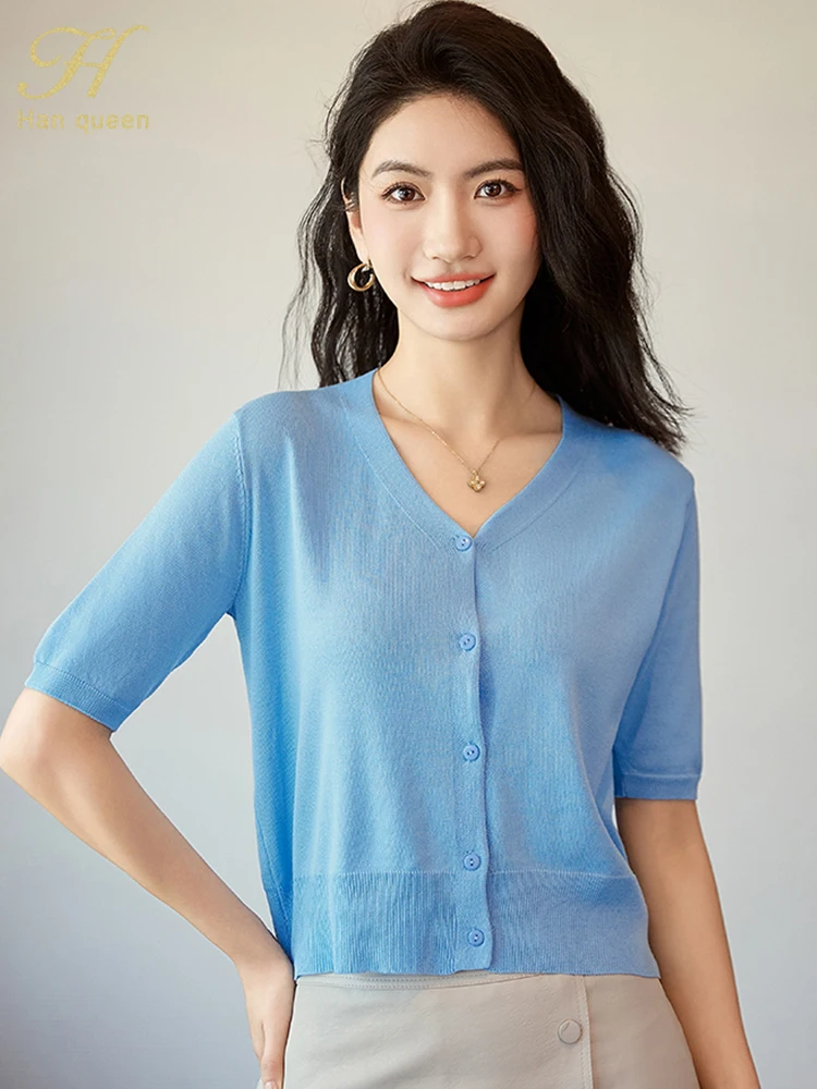 

H Han Queen Thin V-Neck Short Cardigan Korean Fashion Simple Short Sleeve Korean Chic Casual Bluose Summer Sweater Woman 2025