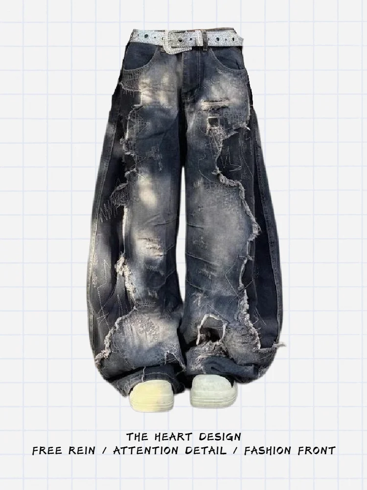 

Американские джинсы в стиле ретро-апокалипсис с рваным дизайном, женские, свободные, удлиненные, широкие штанины, визуально стройнящие, в стиле High Street