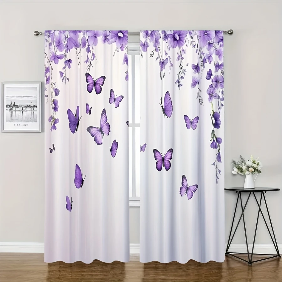 2PCS Digital Printed Curtains, Simple Summer Purple Butterfly Pattern, Stylish Window Treatment for Living Room Bedroom Decor