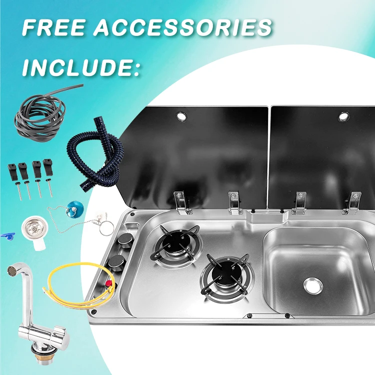 For RV Caravan Boat Yacht High Quality 304 Stainless Steel Sink with Dual-Burner Gas Stove RV Sink and Stove Two Colors