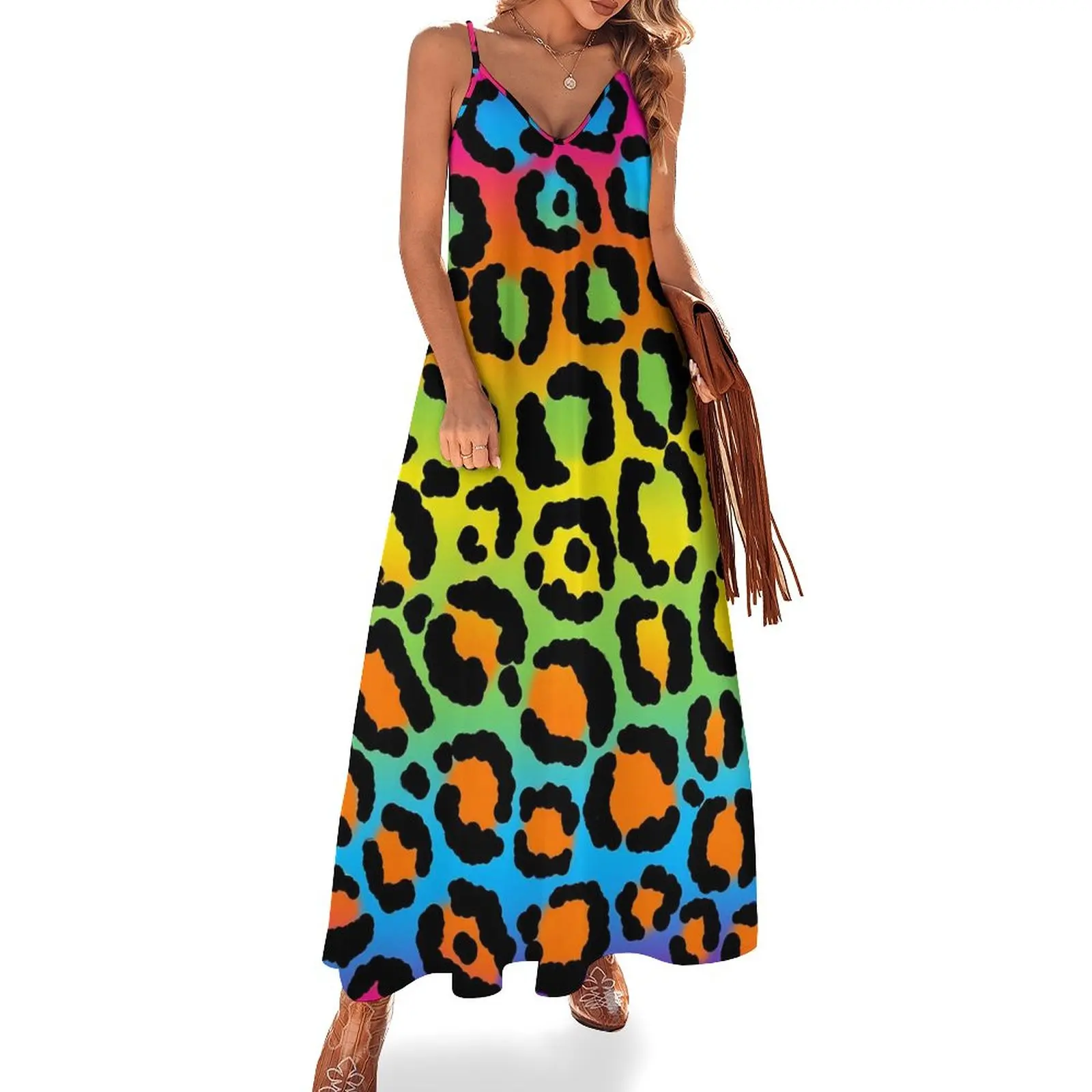 1997 Neon Rainbow Dress Leopard Print Aesthetic Boho Beach Long Dresses Holiday Vintage Maxi Dress Graphic Vestido Birthday Gift