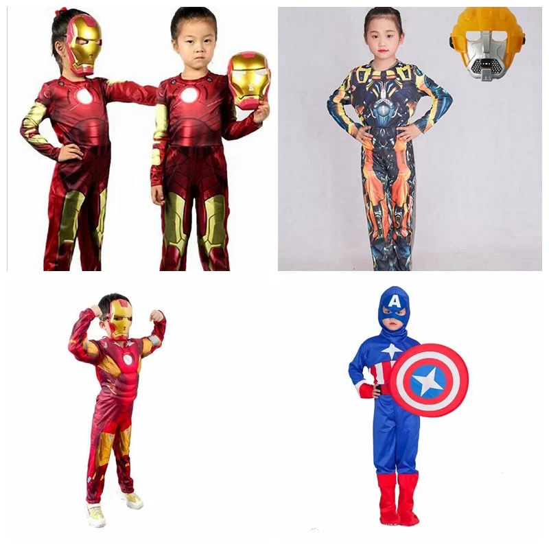 Kids Boy Children Jumpsuit Mask Clothes Set Cartoon Iron Man Bumblebee Captain America Cosplay Costume Girl Long Sleeve Romper