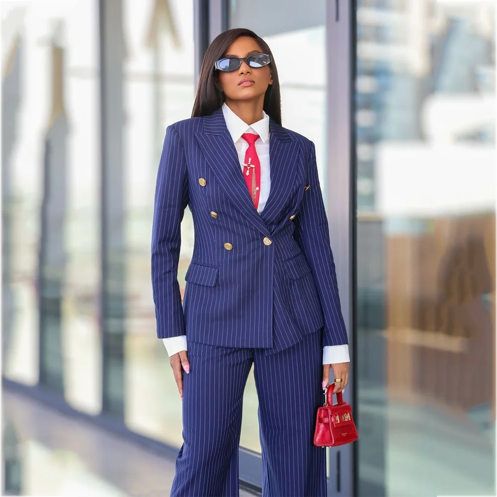 Business Women's Striped Suits Classic Fit Double Breasted Peak Lapel Formal Blazer Pants Office Lady Workwear High Quality