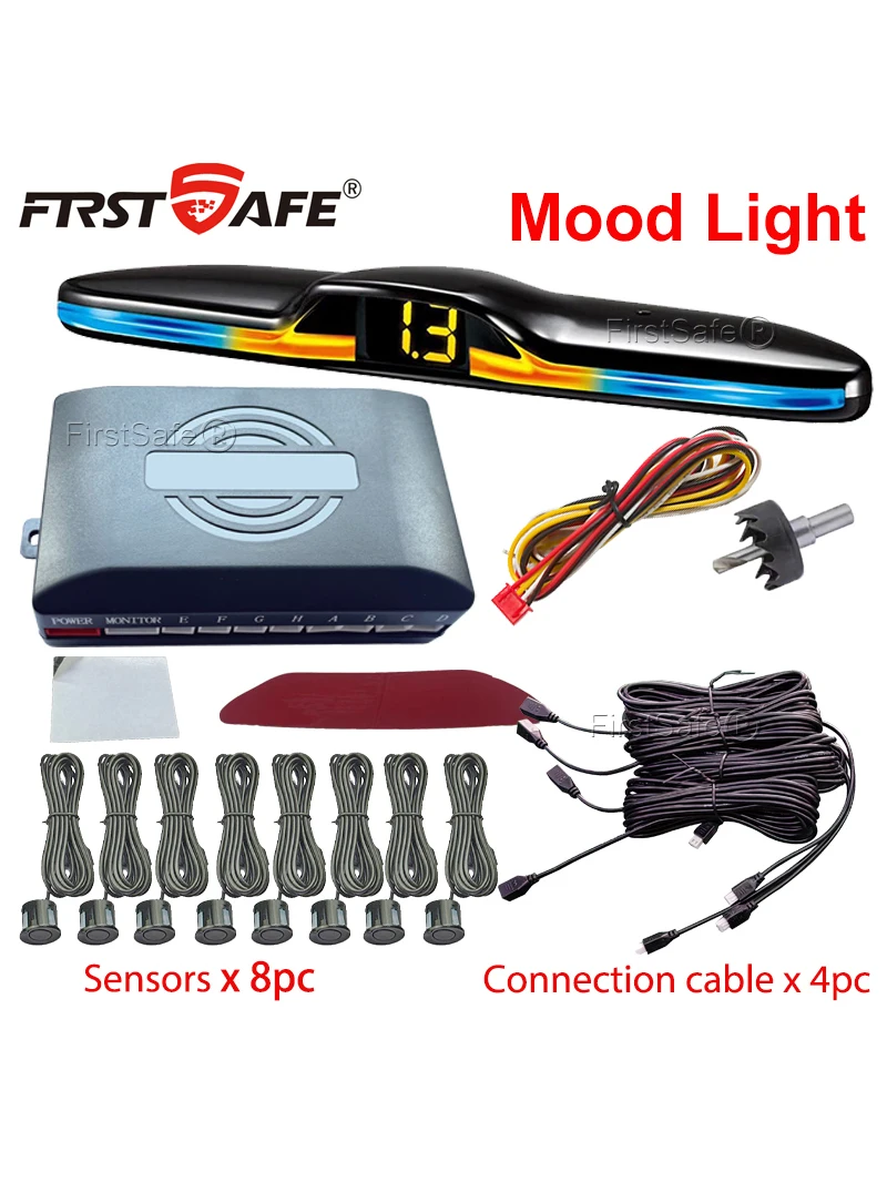 FirstSafe – Kit de capteurs de stationnement avant et arrière, système d'affichage de la lumière d'ambiance, moniteur de secours, détecteur, Assistant, capteur Radar 6 8