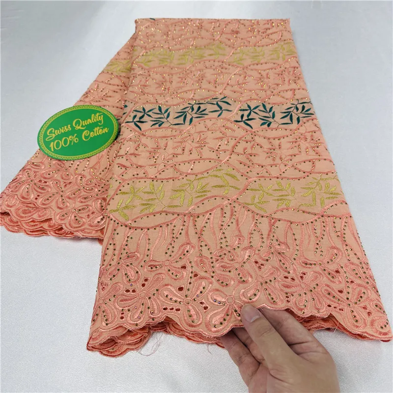 

New African 100% Cotton Embroidery Dry Lace 2024 High Quality Swiss Voile Lace with Stones for Women Wedding Party Dresses 8A08