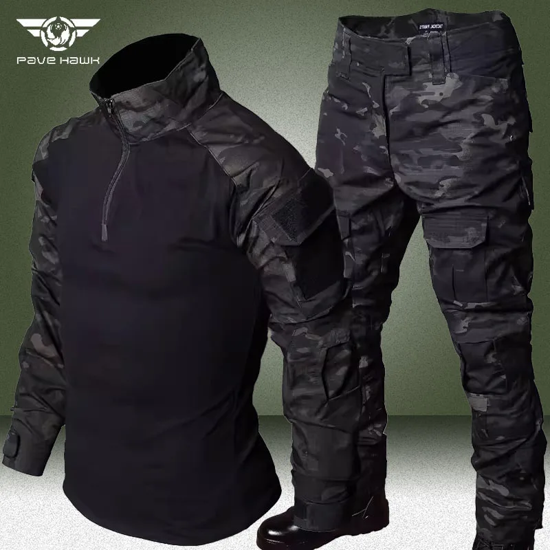 Black Camo Cargo Sets Men Spring Autumn Breathable Long Sleeve Tshirts+Outdoor Multi-pocket Army Pants 2 Pcs Suits Tactical Set