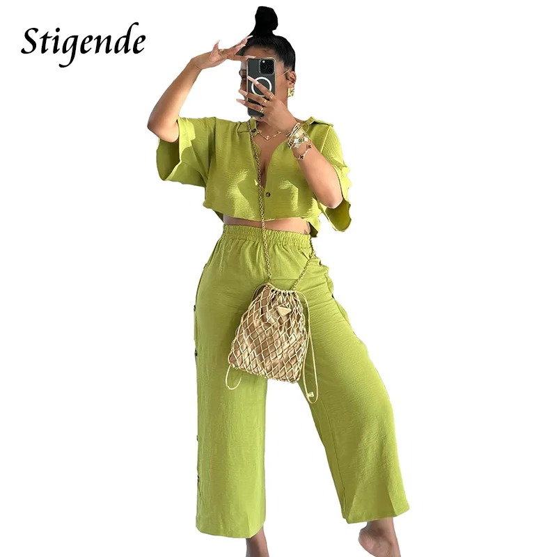 Stigende Women Loose Fit Two Piece Tracksuit Set Turn Down Collar Crop Top Shirts Breasted Wide Leg Pants