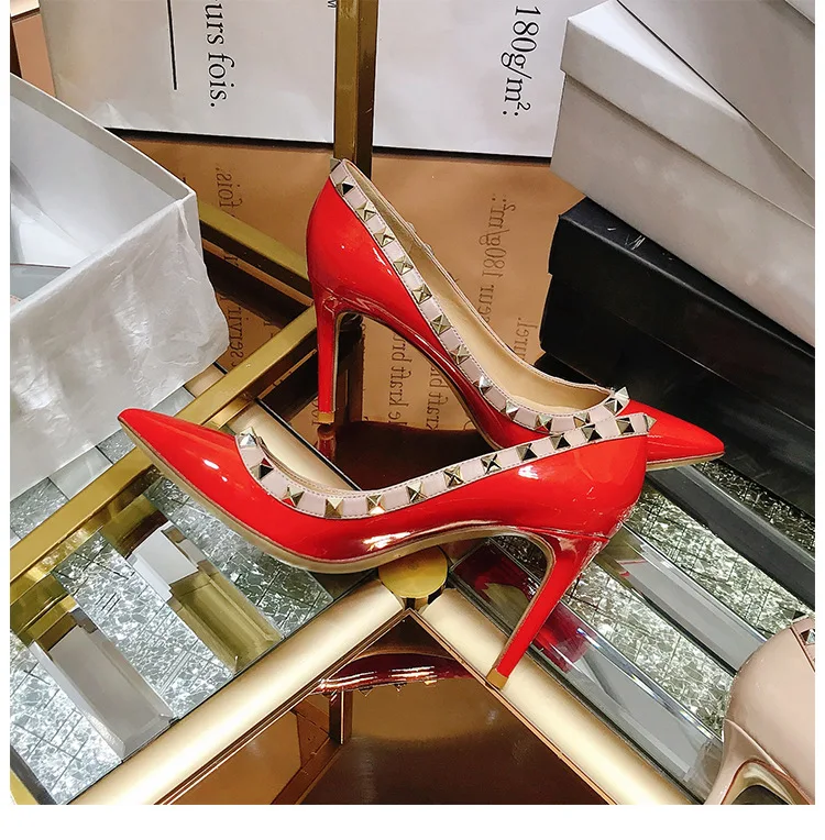 

2025 Popular Pointed Toe Patent Leather Rivet Stud High Heels Shoes Banquet Party WeddingShoes Nightclub High Heels Women Shoes