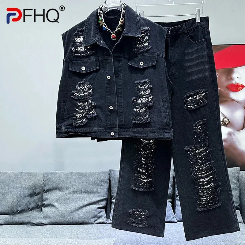 PFHQ Men's Vest Two Piece Set Summer New Hole Denim Sequin Decoration Haute Quality Motorcycle Tide Advanced Pants Male 21Z4992