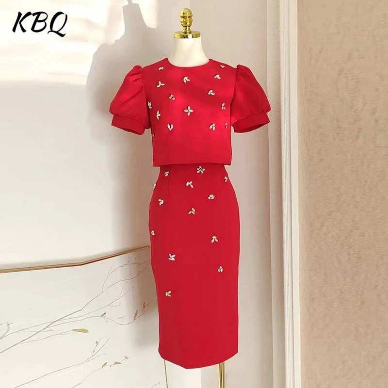 

KBQ Spliced Metal Two Piece Sets For Women Round Neck Short Sleeve Short Tops High Wiast Long Skirt Elegant Chic Set Female New