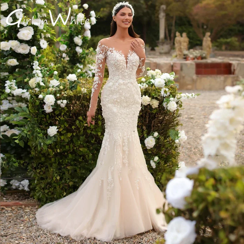 فستان زفاف دانتيل مخصص برقبة دائرية وأكمام طويلة 2025 فيستدوس دي نوفيا مزين بالدانتيل حورية البحر فساتين العروس رداء De Mariée