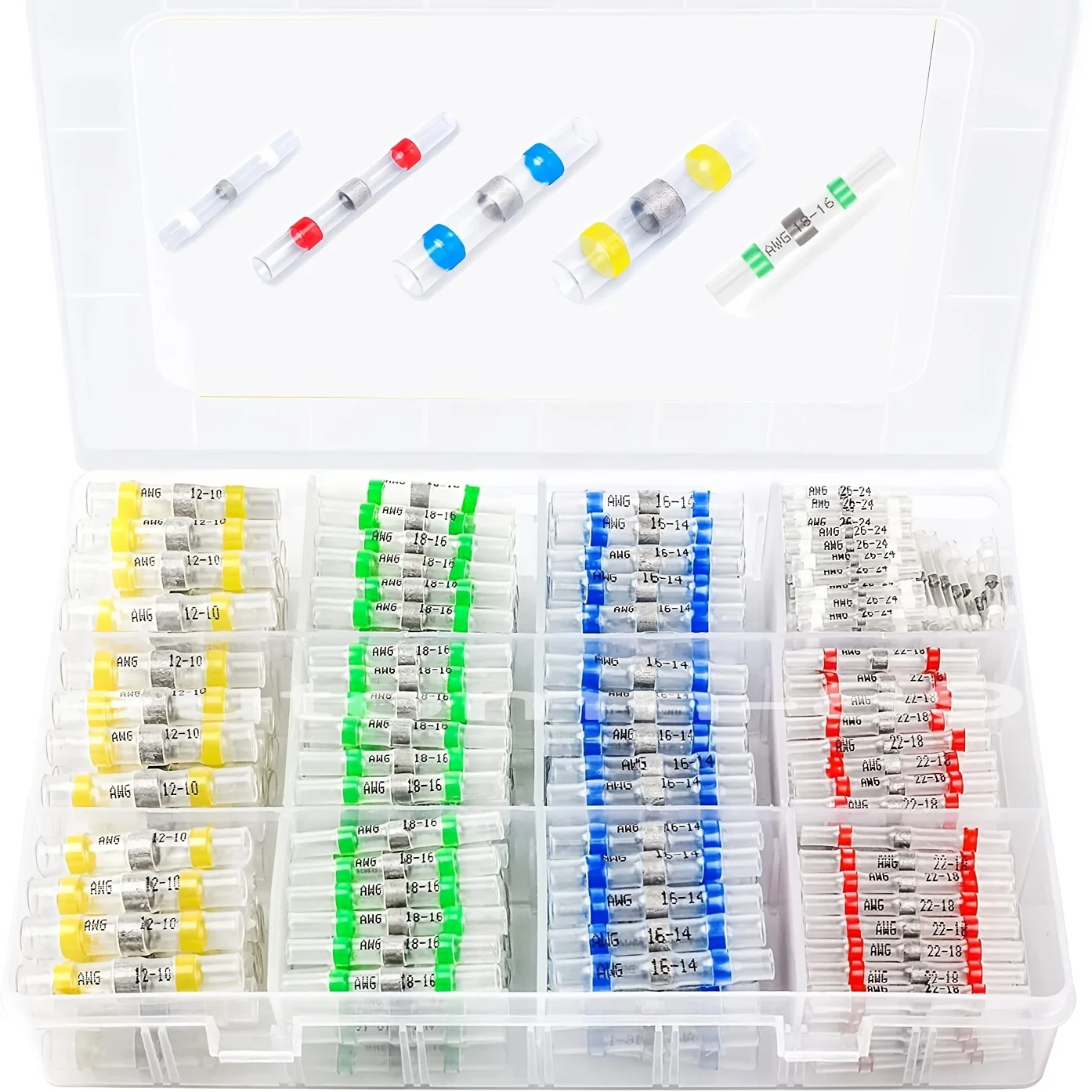 390 pieces of solder sealed wire connector heat shrink connector kit, self-shrinking without solder for marine/automotive termination, electrical connector, 5 sizes with color coding (AWG 10-26), suitable for wire connection.