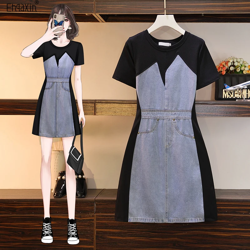 

EHQAXIN 2022 New Summer Ladies Dress Fashion Casual Irregular Stitching Denim Short Sleeve Dresses Women With Pockets M-4XL