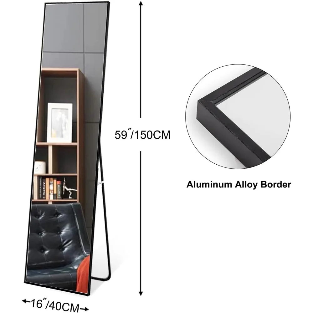 Miroir sur pied sur pied avec cadre fin en alliage d'aluminium, pleine longueur, corps entier, chambre à coucher, salon, noir, 59 po x 16 po