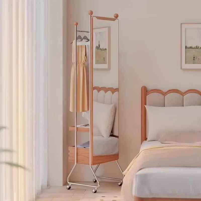Modern Solid Wood Mobile Clothes Rack with Full Body Mirror Small Household Hanging Clothes Rack Clothes Rack