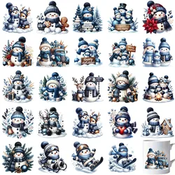 24pcs Christmas Blue Snowman UV DTF Cup Wrap Transfer Sticker Glass Coffee Mugs Decoration Winter Xmas Greeting Cards Decals