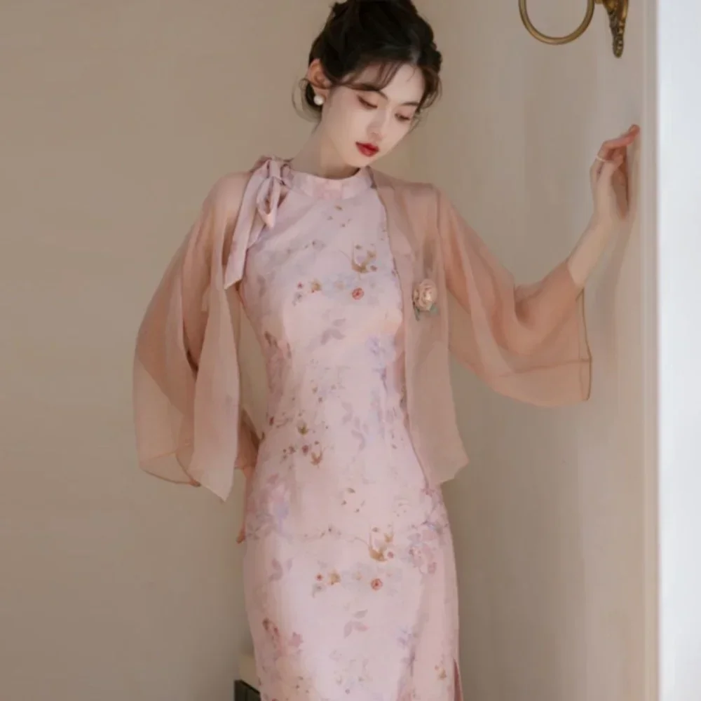 

Autumn Dress Qipao Improved Cheongsam 2025 Chinese Everyday Split Cheongsam Dress Pink Halter Neck New Chinese