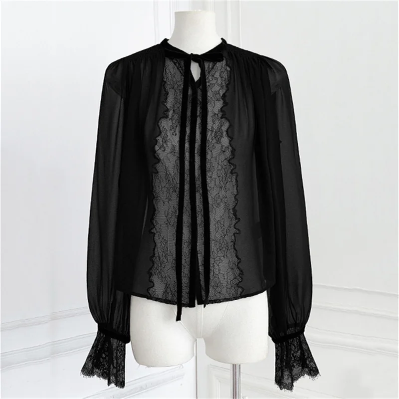 

Women's shirt Spring 2026 new single breasted slim fit women's long sleeved top Lace patchwork hollowed out Women's blouse y2k