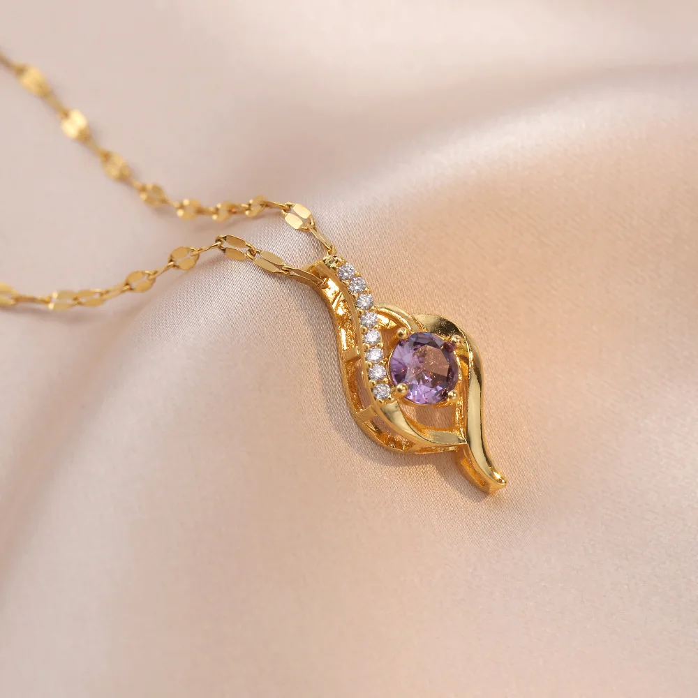 Elegant Stainless Steel Chain Classic Purple Stone Pendant Necklace for Women Lady Vintage Jewelry Daily Party Accessories Gifts