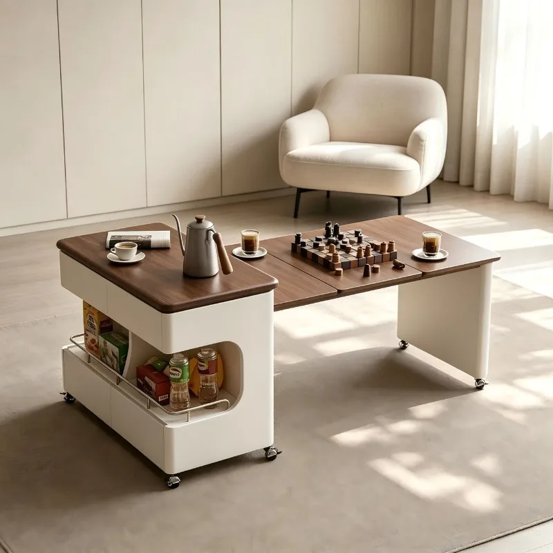 Mobile trolley, multi-functional side cabinet foldable home sofa side cabinet, solid wood lifting retro solid wood coffee table