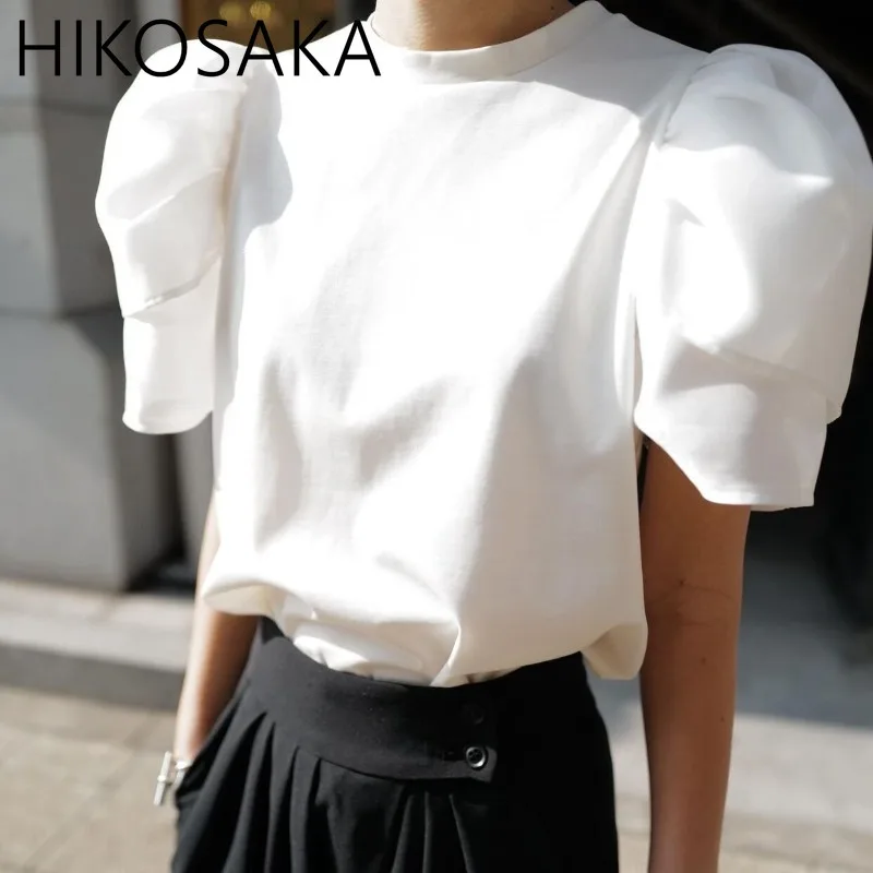 2024 Spring Summer New Chic Sweet White Shirt O-neck Puff Sleeve Simple Tshirts Solid All-match Loose Casual Top Japanese Blusa