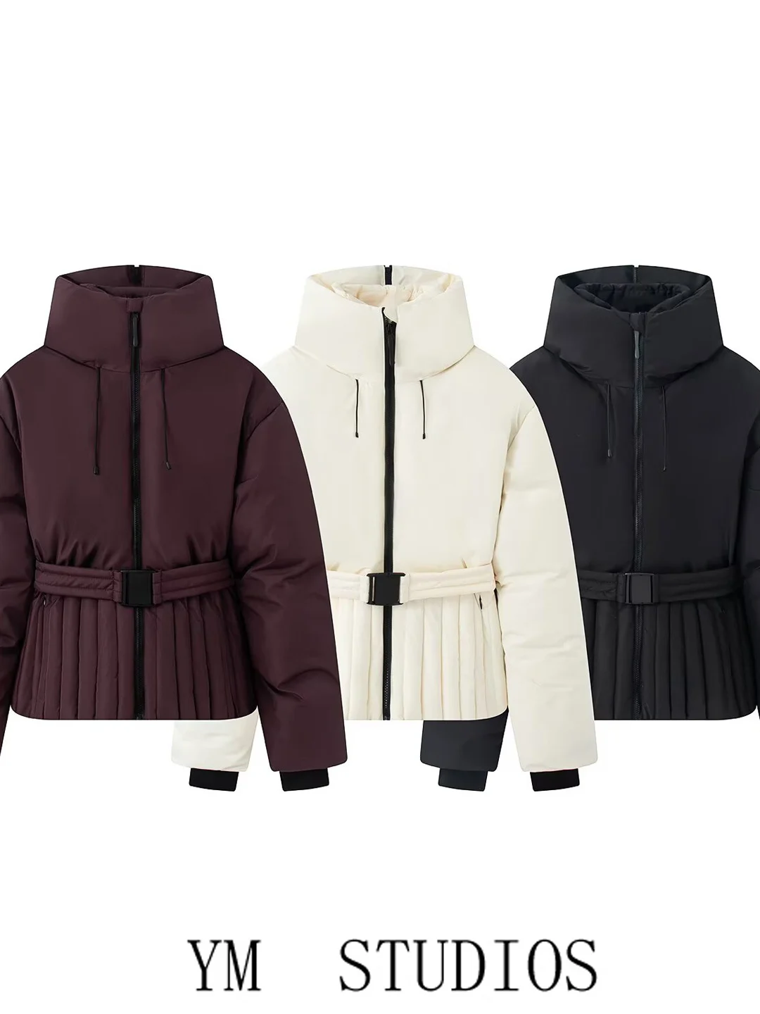 Women's Thickened Cotton Jacket Double Collar Hooded Waist-Cinching Belted Snowsuit Short Style Zipper Closure No Fur Collar