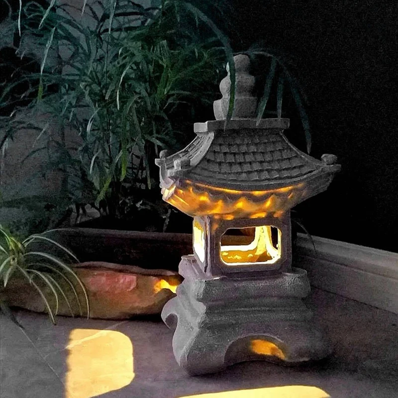 Promotion! 2X Japanese Style Courtyard Decoration Resin Solar Lamp Palace Lanterns Zen Landscape Lights Home Gardening Decoratio