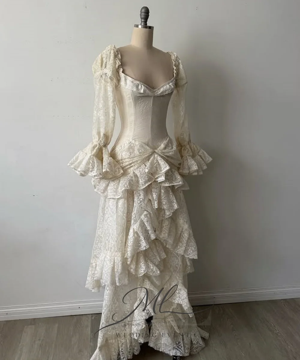 ML Bohemia Square Collar Tiered Wedding Dresses A Line Bridal Gowns Lace Robes For Formal Party Vestidos De Novia Customized