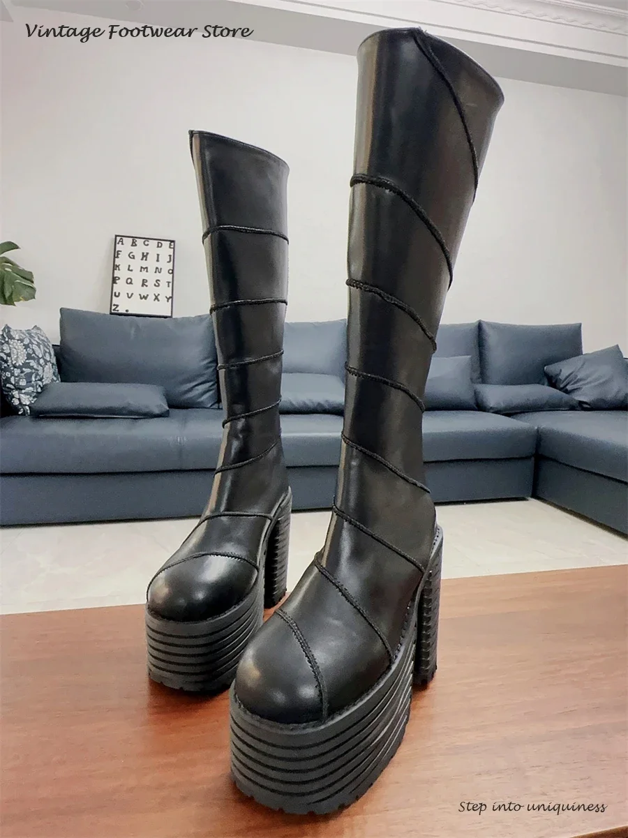 

Кожаные сапоги, увеличивающие рост в стиле панк, сапоги до колена на платформе с круглым носком и массивным каблуком, модные черные современные сапоги для шитья