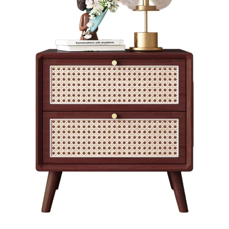 Rattan bedside table Solid wood Cherry wood Walnut log color day