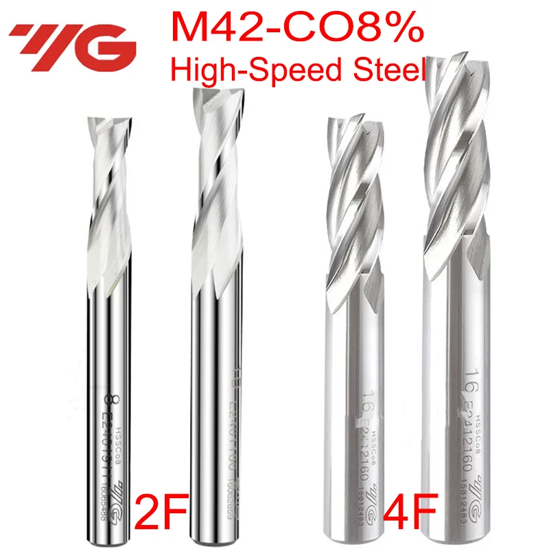 1PCS YG-1 M42 HSS-Co Flat End Mill Round Shank 2 /4 Flute Spiral Milling Cutter CNC Router Bit Tools E2401 E2412 D2.0-D20