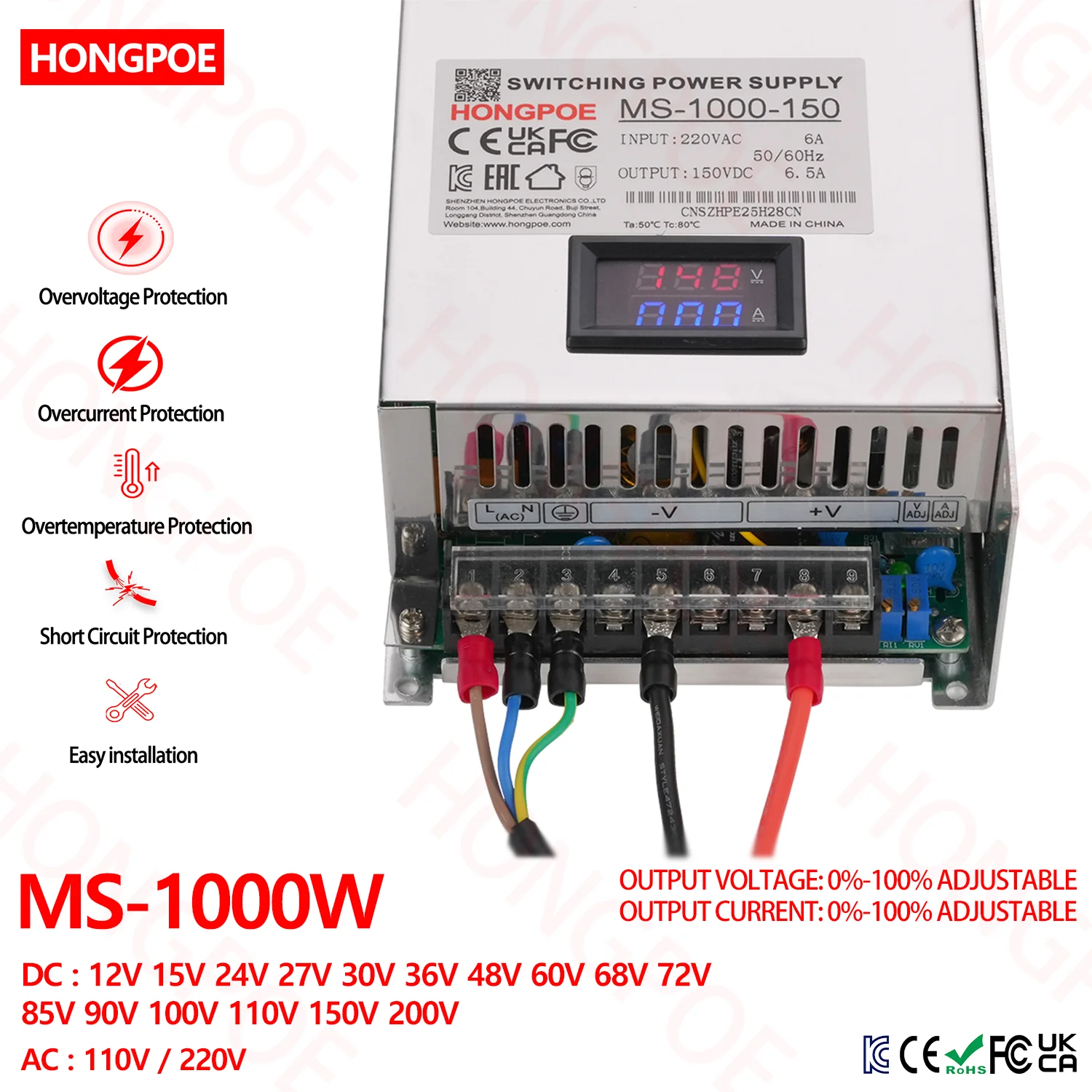 Adjustable digital display 12-200V DC Power Supply 1000W High-Power SMPS 110-220V AC to DC for LED Drivers Motors Batteries CCTV
