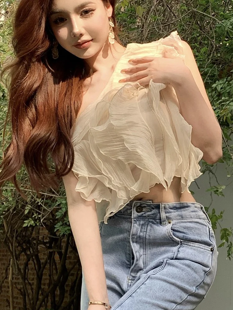 Woherb Blouses Women Off-shoulder Cropped 2024 Folds Sweet Sexy Elegant Top Retro Princess Fashion Ruffles Blusas Mujer Summer