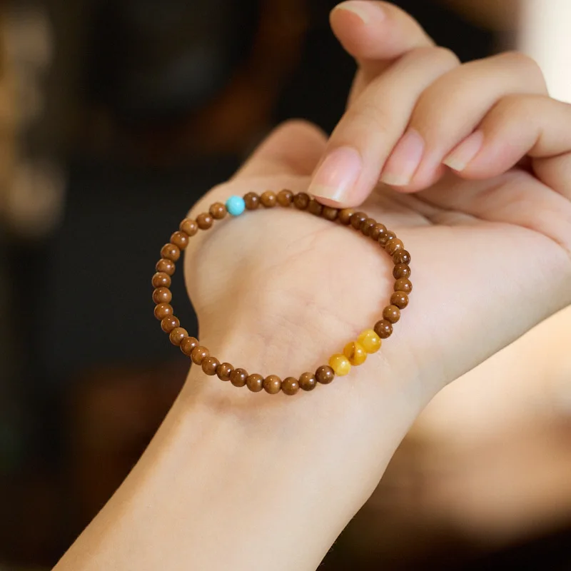 Natural Kukui Bodhi Bracelet with Old Beeswax and Turquoise Buddhist Prayer Beads Bracelet Gifts