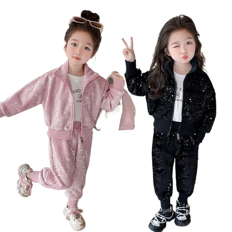 

Girls' Sports Suit Spring Autumn Fashion Sequin Zipper Cardigan Top+pants Casual Two-piece Set Kids Clothes Girls Clothing set