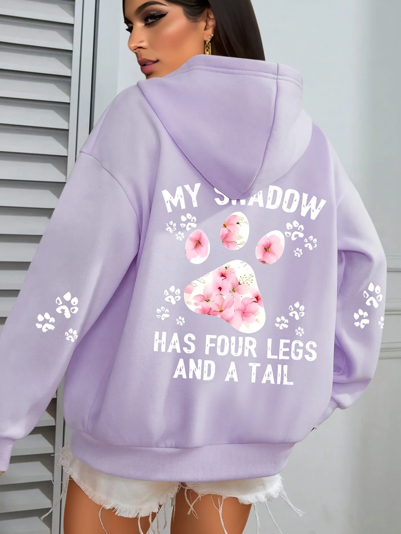 Pet Lover Floral Paw Print Hoodie For Women Long Sleeve Letter Graphic Back & Sleeve Print Casual Hooded Pullover Sweatshirt