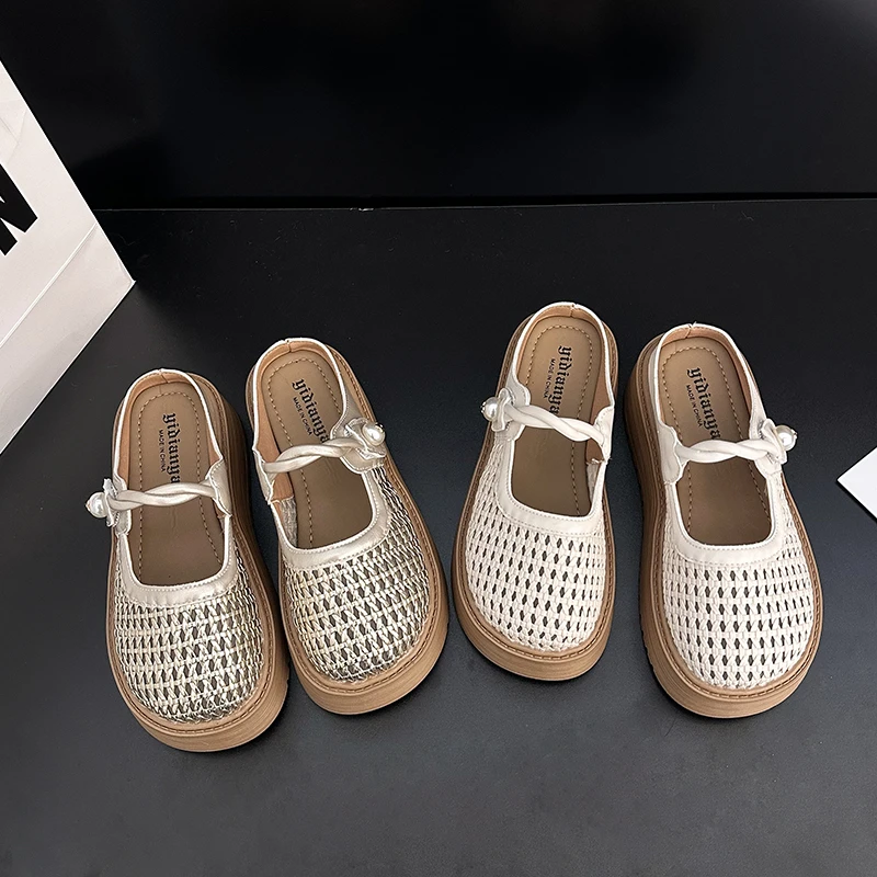 Summer Women's Hollow Out Woven Round Toe Mary Jane Buckle Strap Chunky Platform Mule Clogs Slides Sandals Casual_vogvips.com