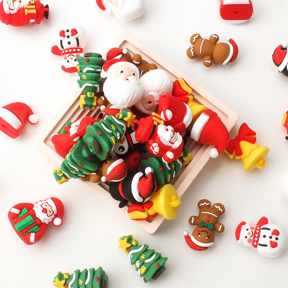 5/10/20 قطعة سيليكون الخرز ثلاثية الأبعاد عيد الميلاد موضوع سانتا كلوز شجرة عيد الميلاد على شكل البؤري الخرز لصنع المجوهرات أقراط القلم #4