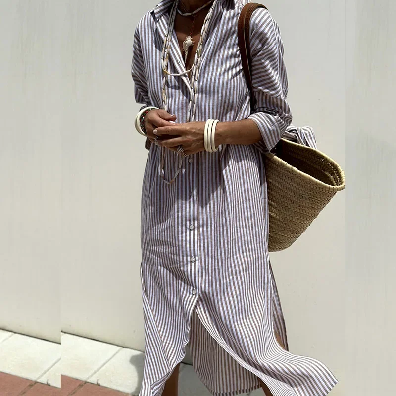 Women Fashion Turn Down Collar Shirts Dress Casual Half Sleeve Loose Office Long Dress Elegant Button Striped Print Party Dress