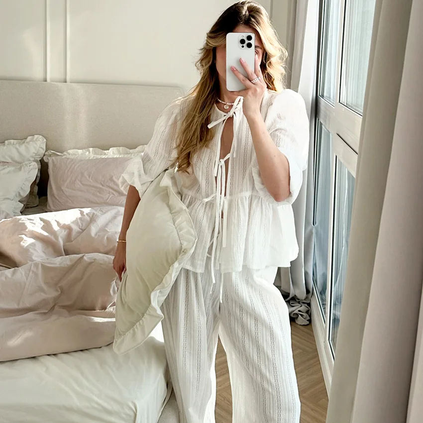 

Loose and Comfortable Pure Cotton Hollow Long-sleeved Trousers Pajama Set