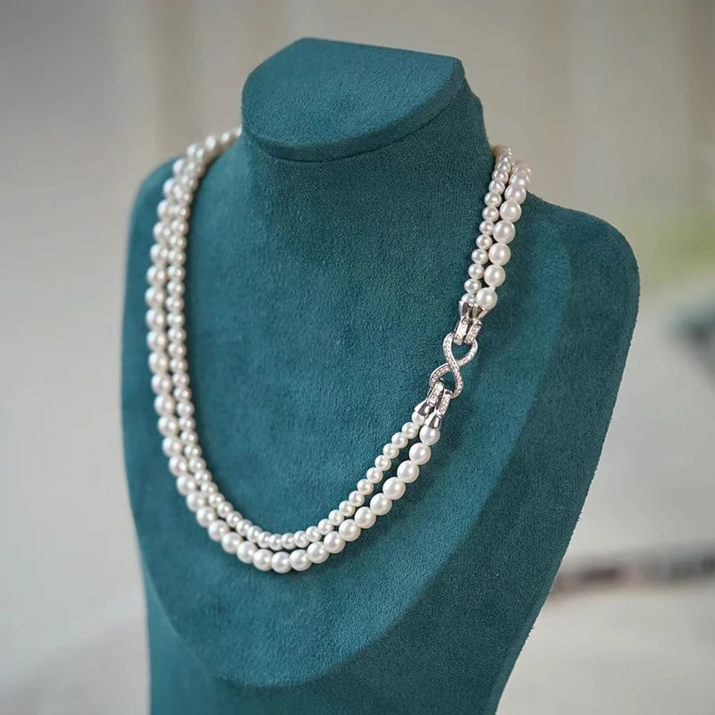 Natural 5-6mm8-9mm Nearly Round Pearl Multi Layer Necklace with 8-shaped Buckle Double Layer Pearl Youth Style, One Multi Wear