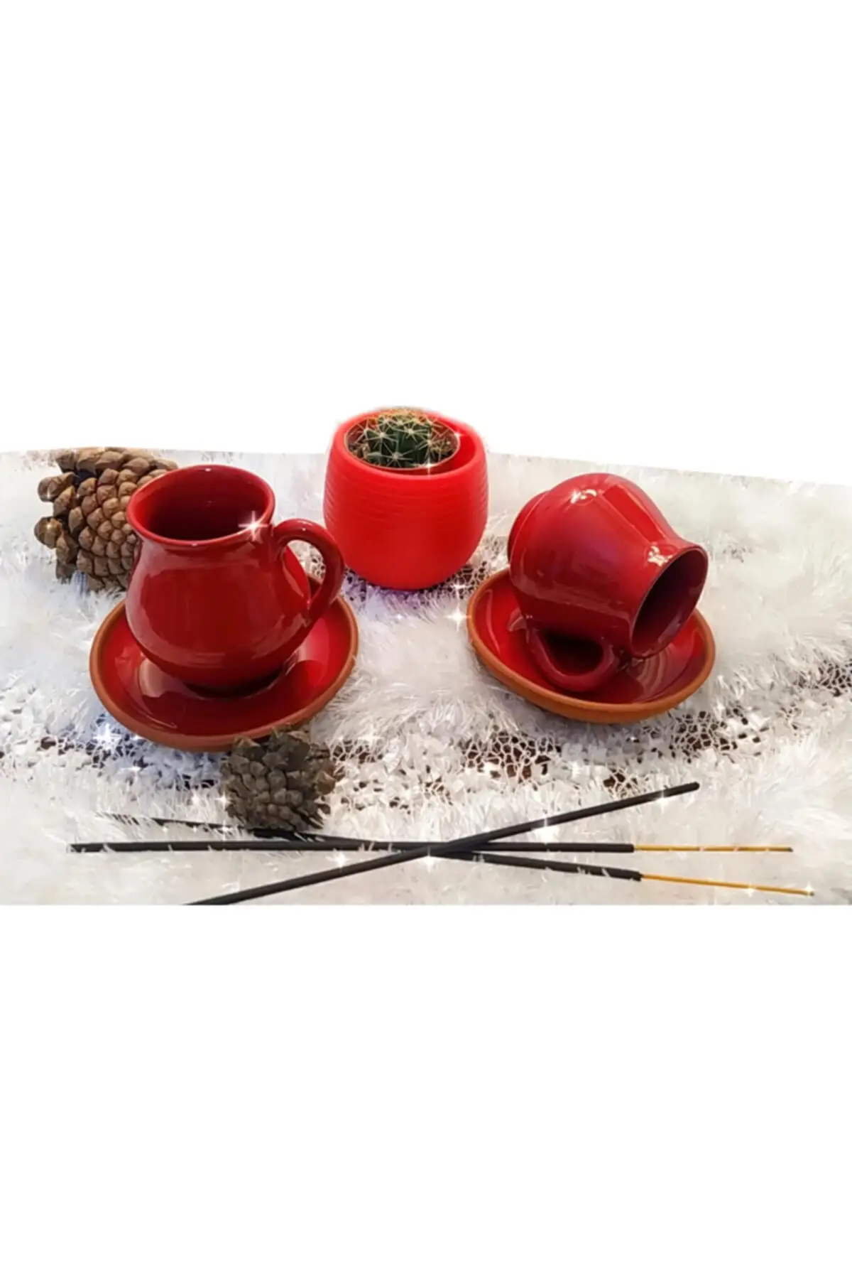 Handmade Double Red Coffee Cup Set, Espresso, Turkish Coffee, Filter Coffee Glass Incense Cactus Pot Pottery Gift Set