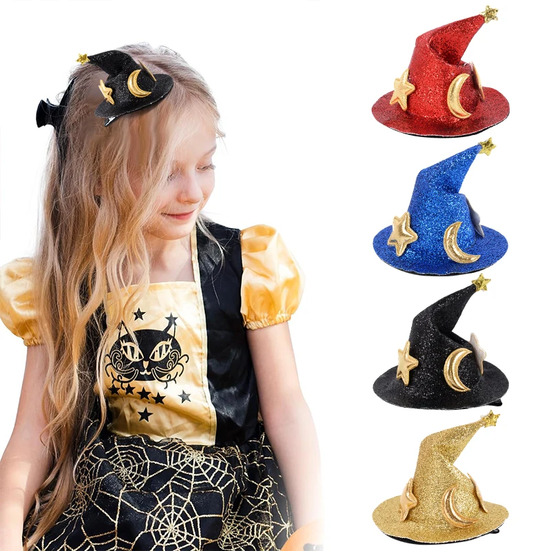 1Pc Halloween Witch Hat Hair Clip Mini Star Moon Witch Cap Hairpin Headdress Halloween Party Costume Headwear Hair Accessories