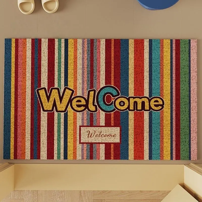 Retro Rainbow Multi‑Color Vertical Stripe Welcome Text PVC Coil Doormat Dirt Catching Washable Non‑Slip Front Entrance Rug