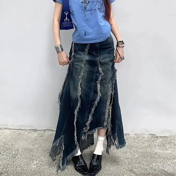 Designed Furry Tassel Denim Skirt Women 2025 Spring Summer New European American Style Retro Hottie Irregular Long Skirt